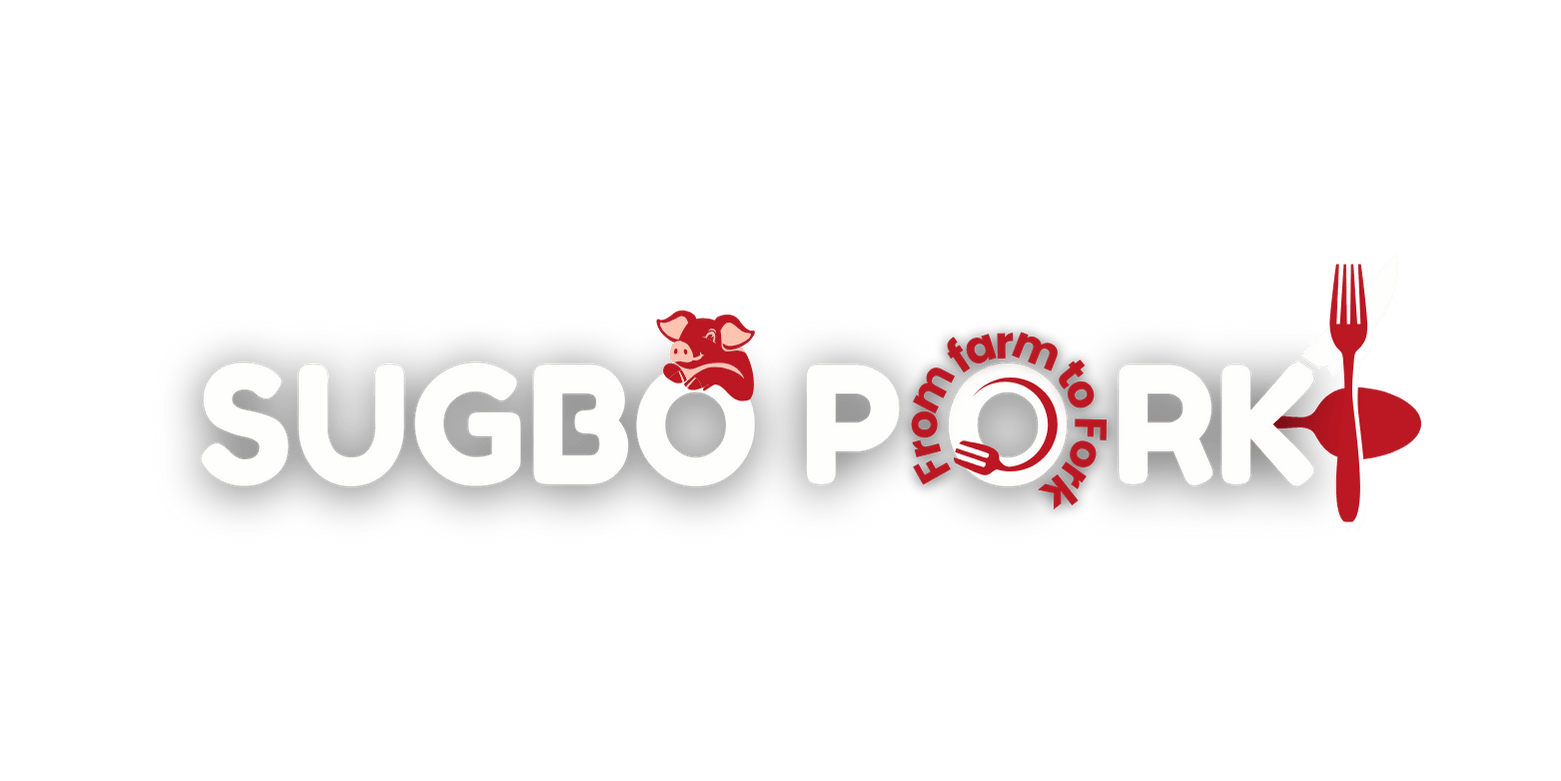 Official Sugbo Pork logo featuring white SUGBO PORK text with red pig mascot, circular From Farm to Fork badge, and red fork icon on transparent background