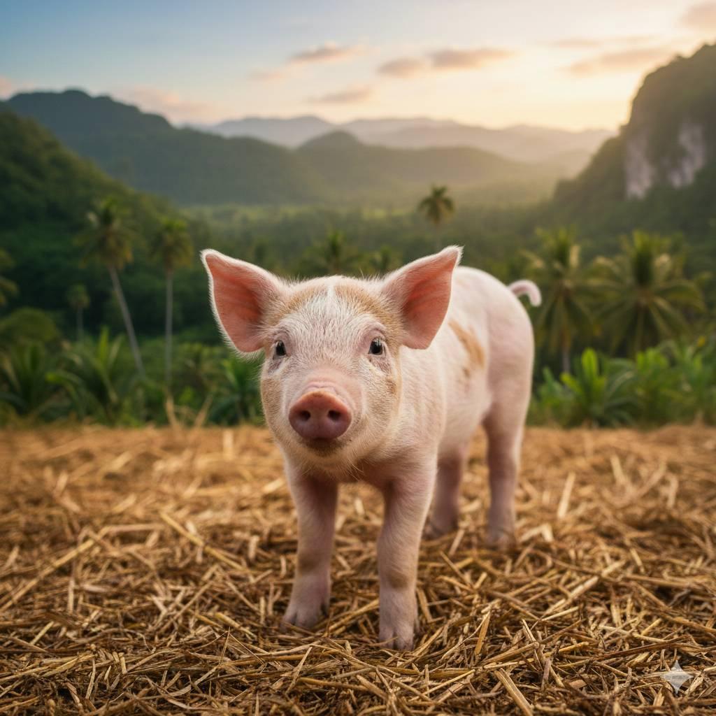 Beautiful piglet on farm in Cebu Province showing young pig on straw ground with green mountains and sunset sky, representing Sugbo Pork's farm-to-table approach
