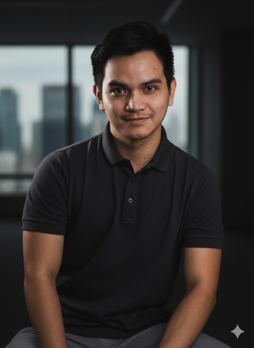 Professional headshot of Dionne Carlo Camosa, founder of Sugbo Pork, wearing black polo shirt against modern office background
